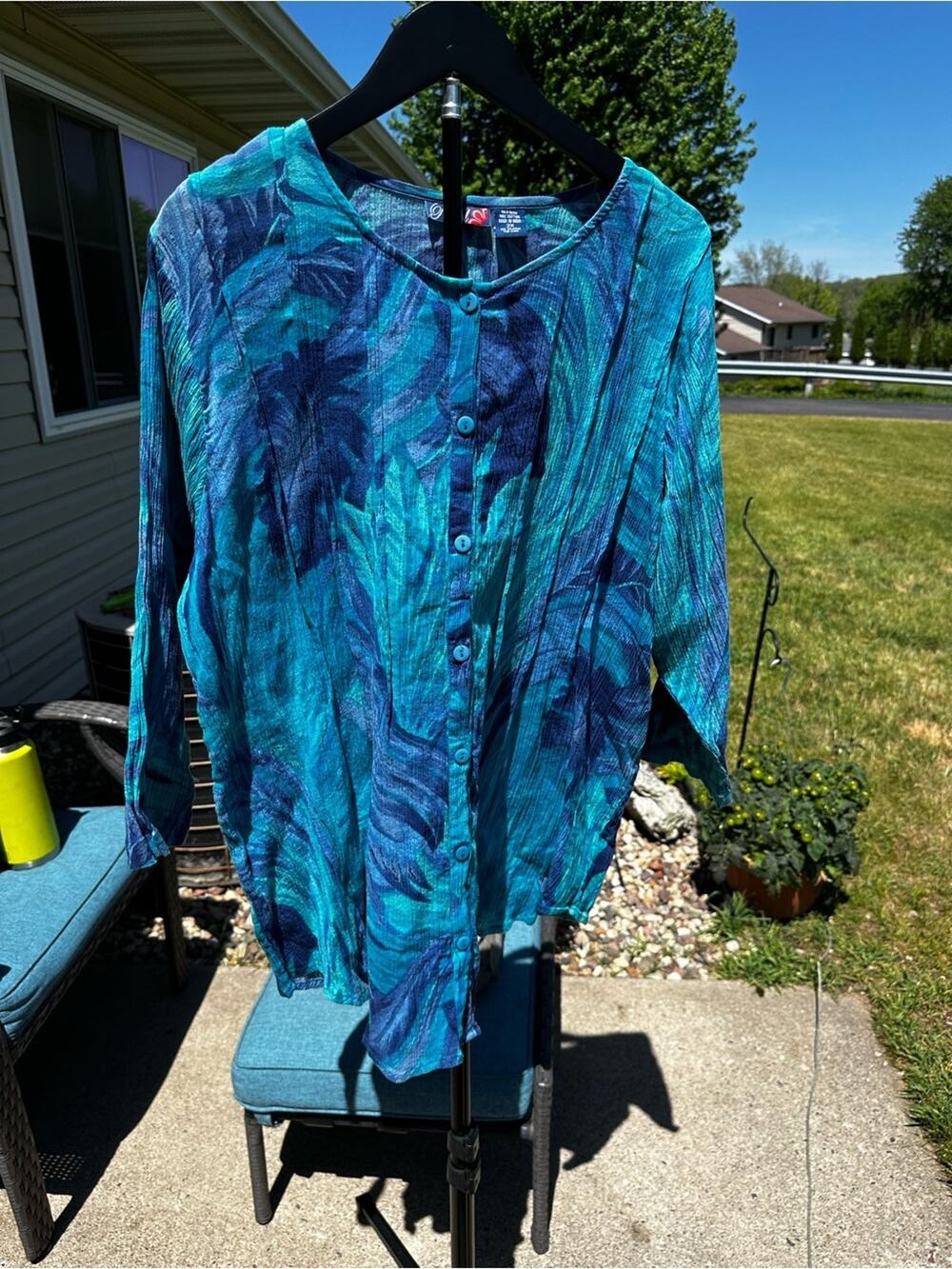 VTG Phool Abstract Watercolor Crinkle Cotton Blouse Plus Size 2X Blue Teal EUC